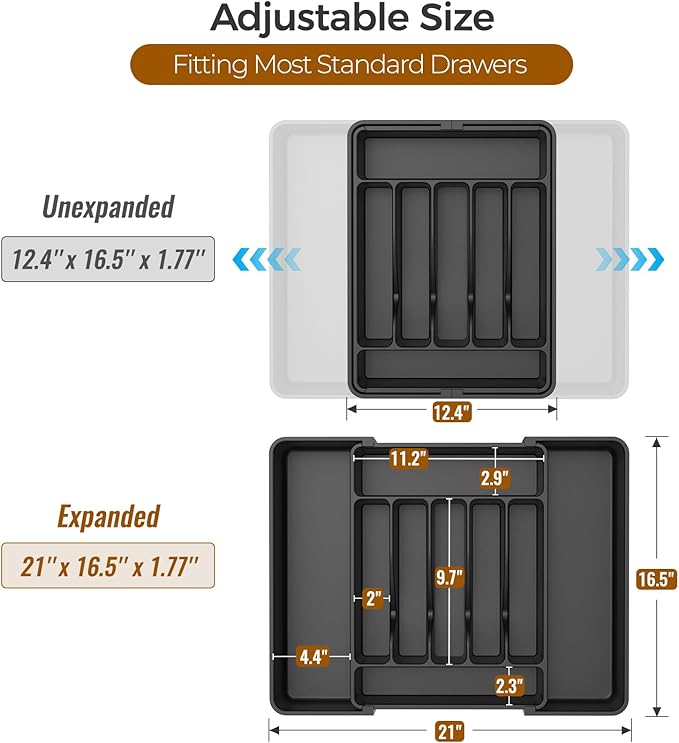 Ukeetap Expandable Silverware Organizer – BPA-Free Cutlery Tray (Black)