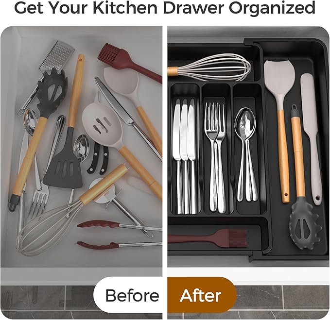 Ukeetap Expandable Silverware Organizer – BPA-Free Cutlery Tray (Black)