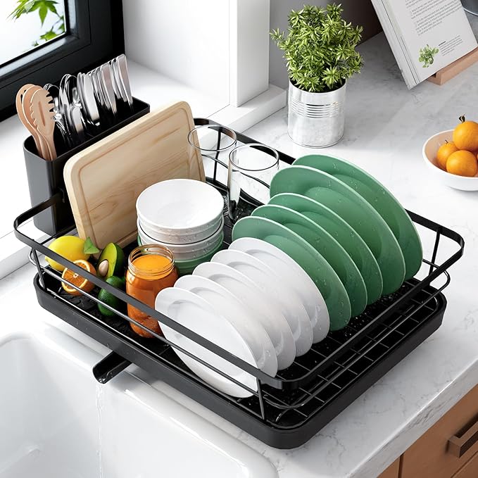 Kitsure Stainless Steel Dish Drying Rack with Cutlery Holder (Black)
