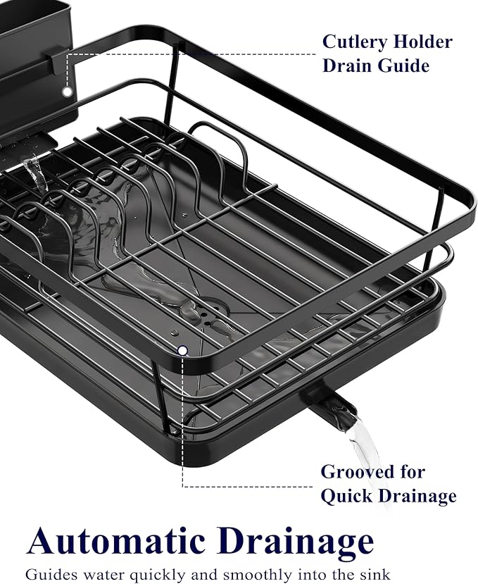 Kitsure Stainless Steel Dish Drying Rack with Cutlery Holder (Black)