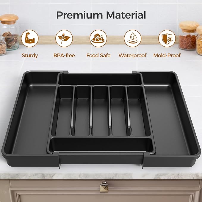 Ukeetap Expandable Silverware Organizer – BPA-Free Cutlery Tray (Black)