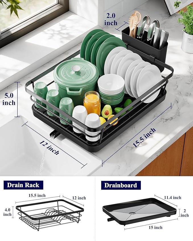 Kitsure Stainless Steel Dish Drying Rack with Cutlery Holder (Black)