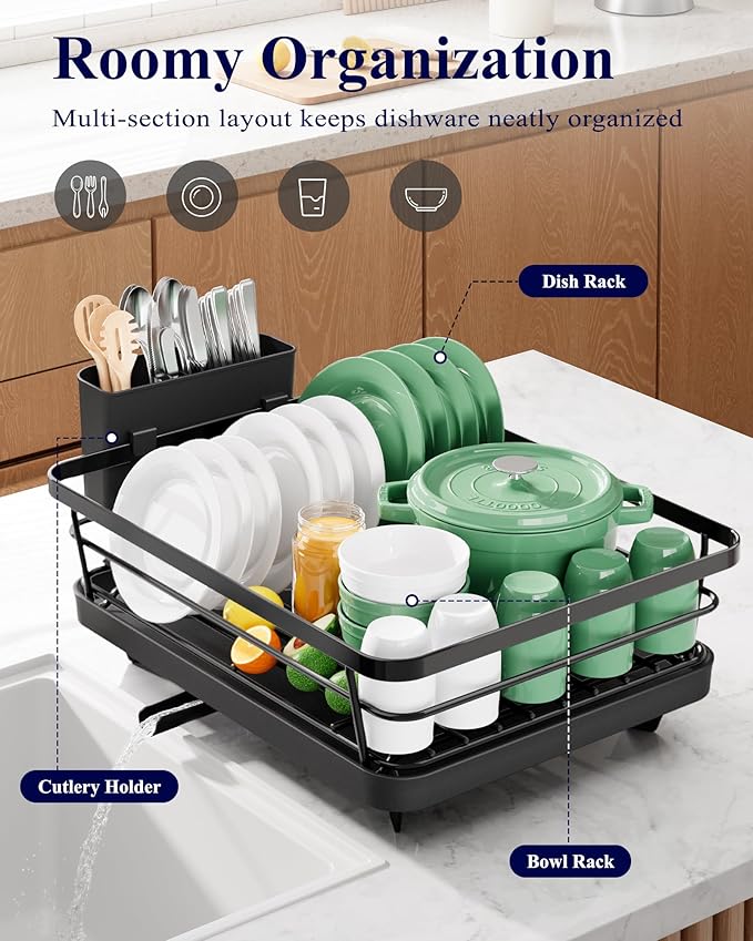 Kitsure Stainless Steel Dish Drying Rack with Cutlery Holder (Black)
